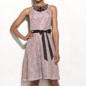 Adrianna Papell Pink Lace Mini Dress with Black Bow